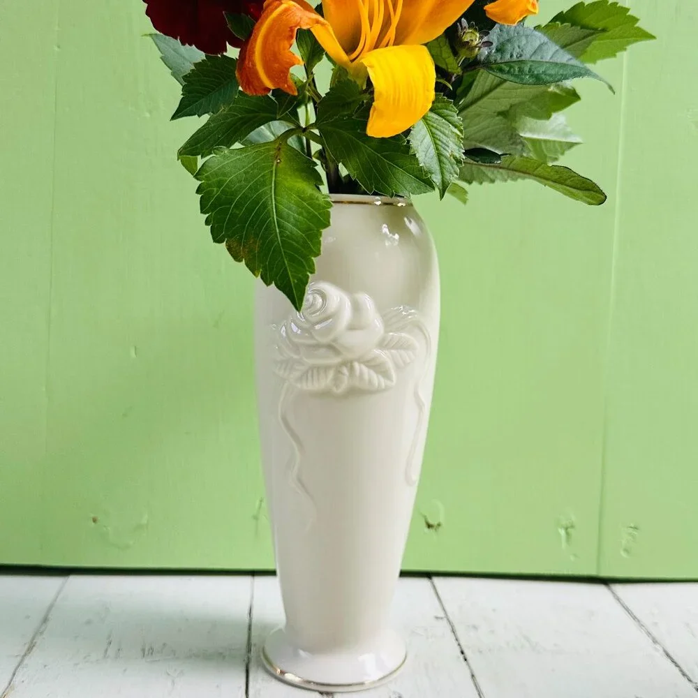 Vintage Lenox Rose Bud Vase Ivory Porcelain Gold Trim Embossed Roses 7.75
